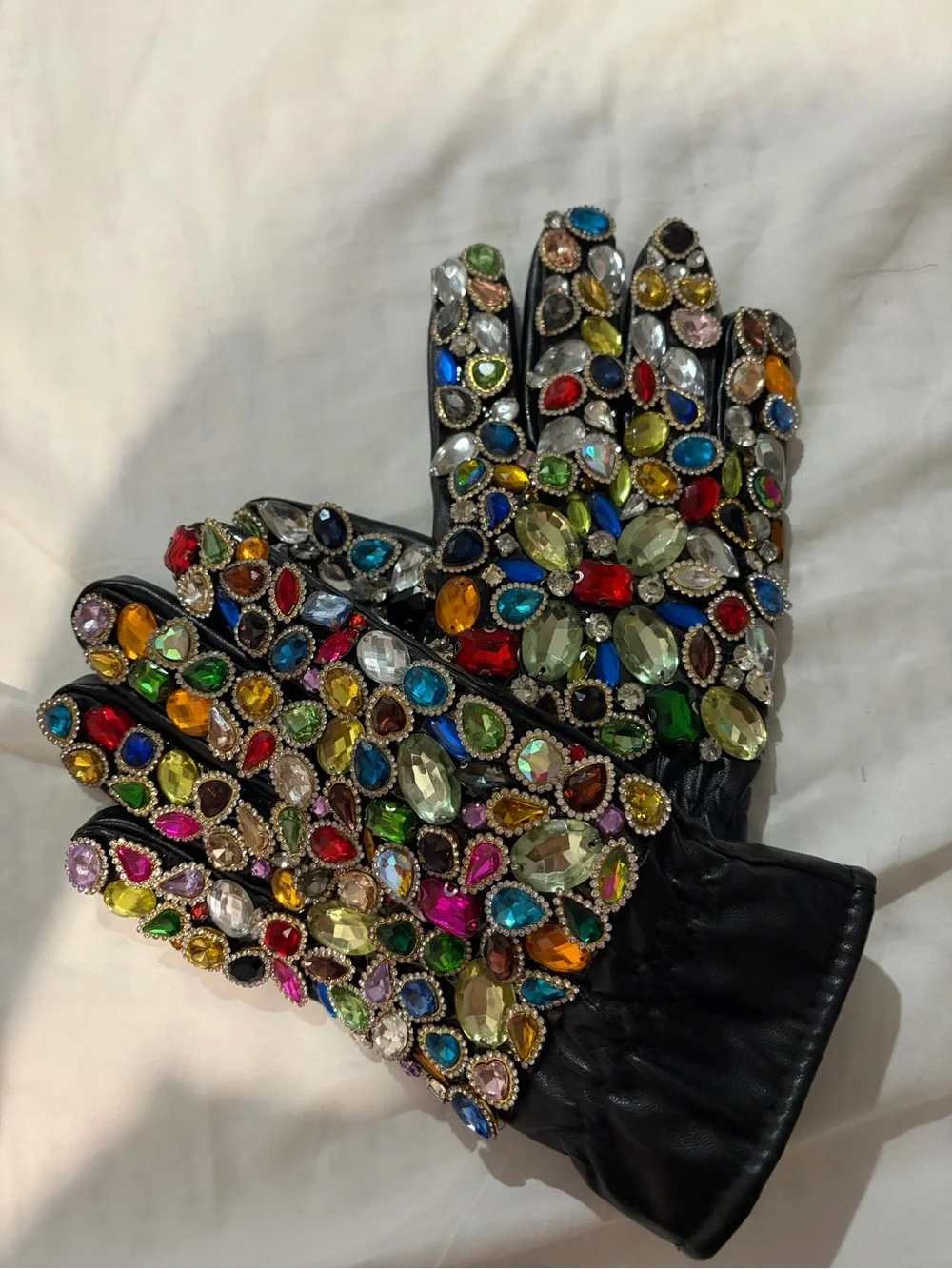 AKIRA Black Jeweled Leather Gloves with Multicolor Gems